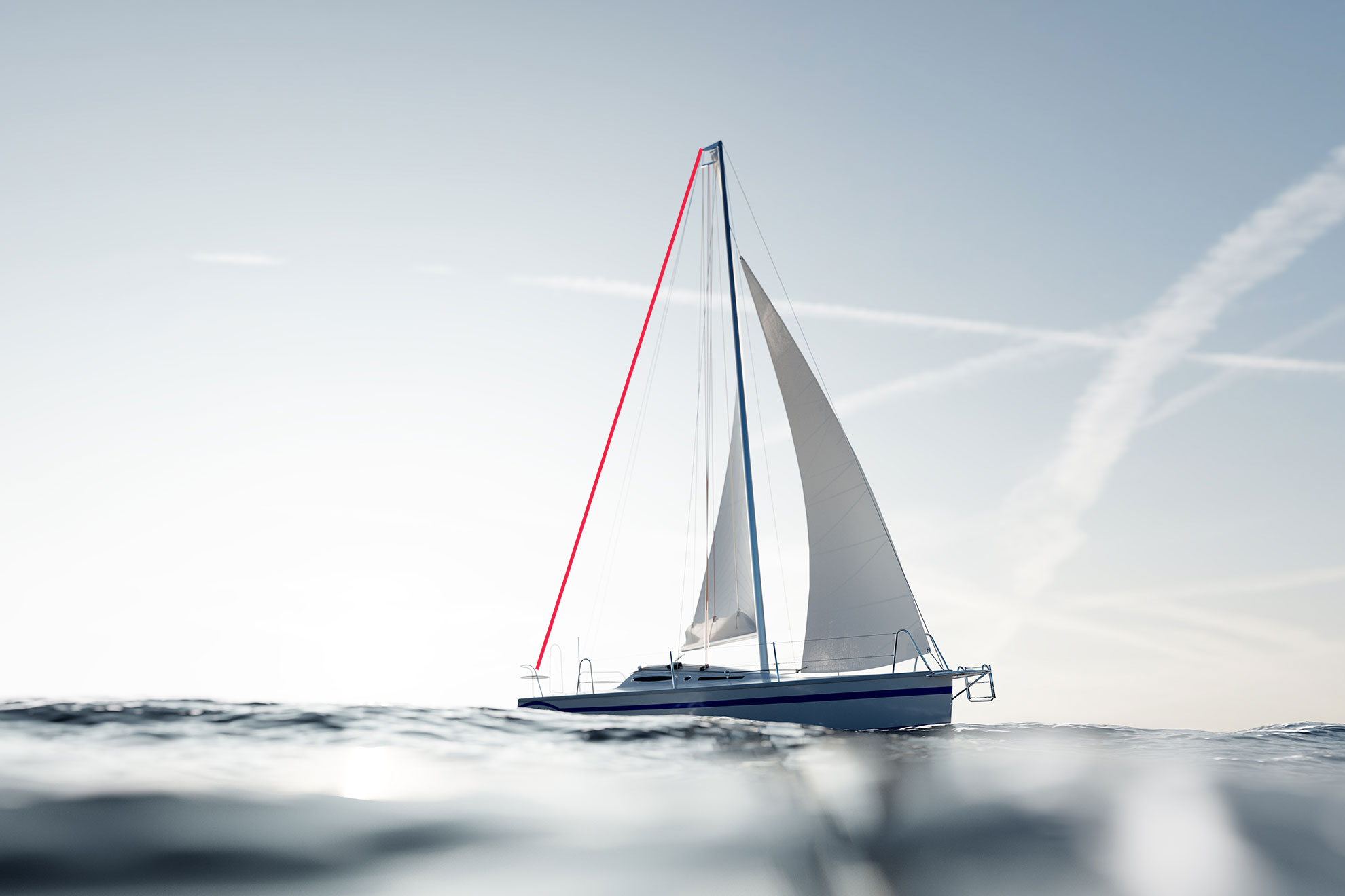 Jacht z zaznaczonym na czerwono achtersztagiem, ilustracja do artykułu