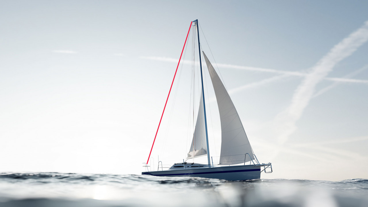 Jacht z zaznaczonym na czerwono achtersztagiem, ilustracja do artykułu